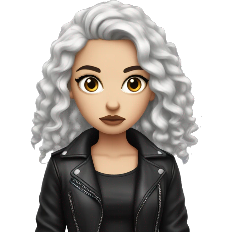 White girl, with long curly black hair, black winged eyeliner, wearing black shirt and black leather jacket, rolling her eyes annoyed emoji