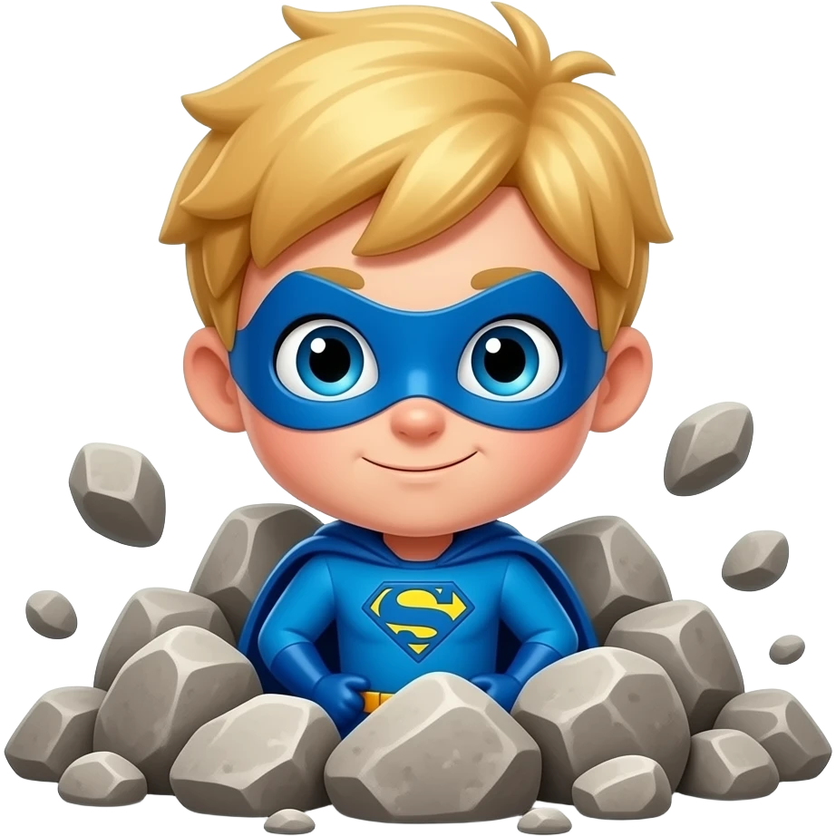 quiero que me hagas a un superheroe con el pelo rubio mascara azul i con un traje azul que sea un niño atrapado en un monton de rocas emoji