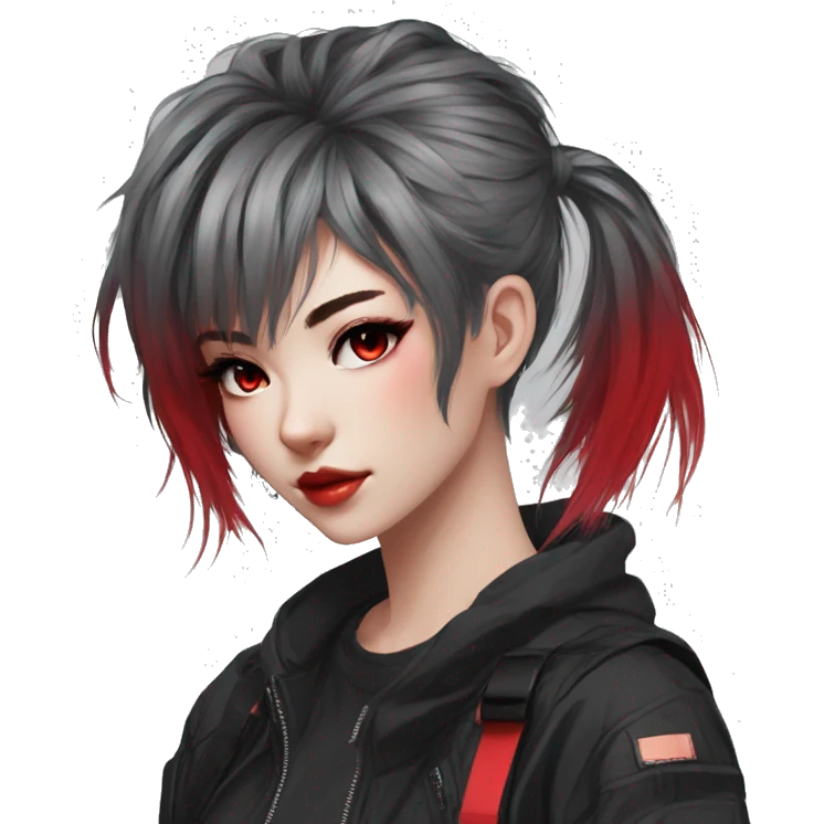 Gorgeous anime style techwear lady with blushing face aesthetic and pretty edgy black red punk hair with hair garment trending style emoji