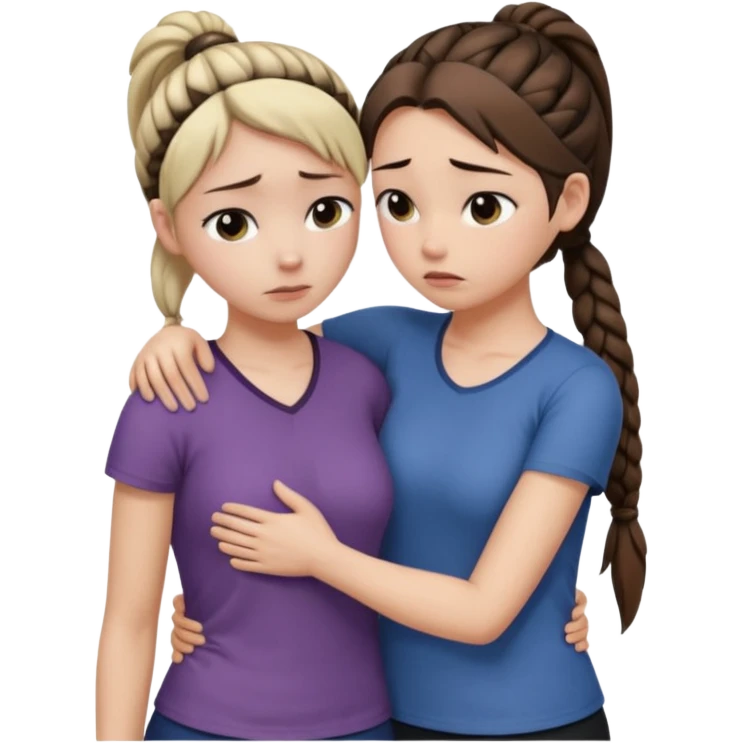 Comforting Hug two white skin women, one shorter woman with brown simple top ponytail, not braided, and one taller sad woman with a single long black side braid emoji