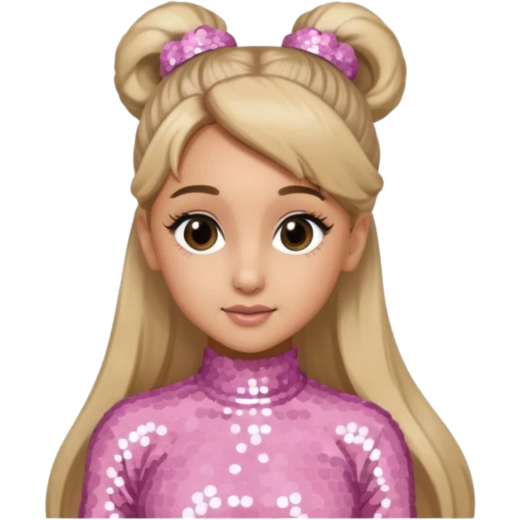 Ariana Grande with long dark blonde ponytail hair, light pink sequin outfit emoji