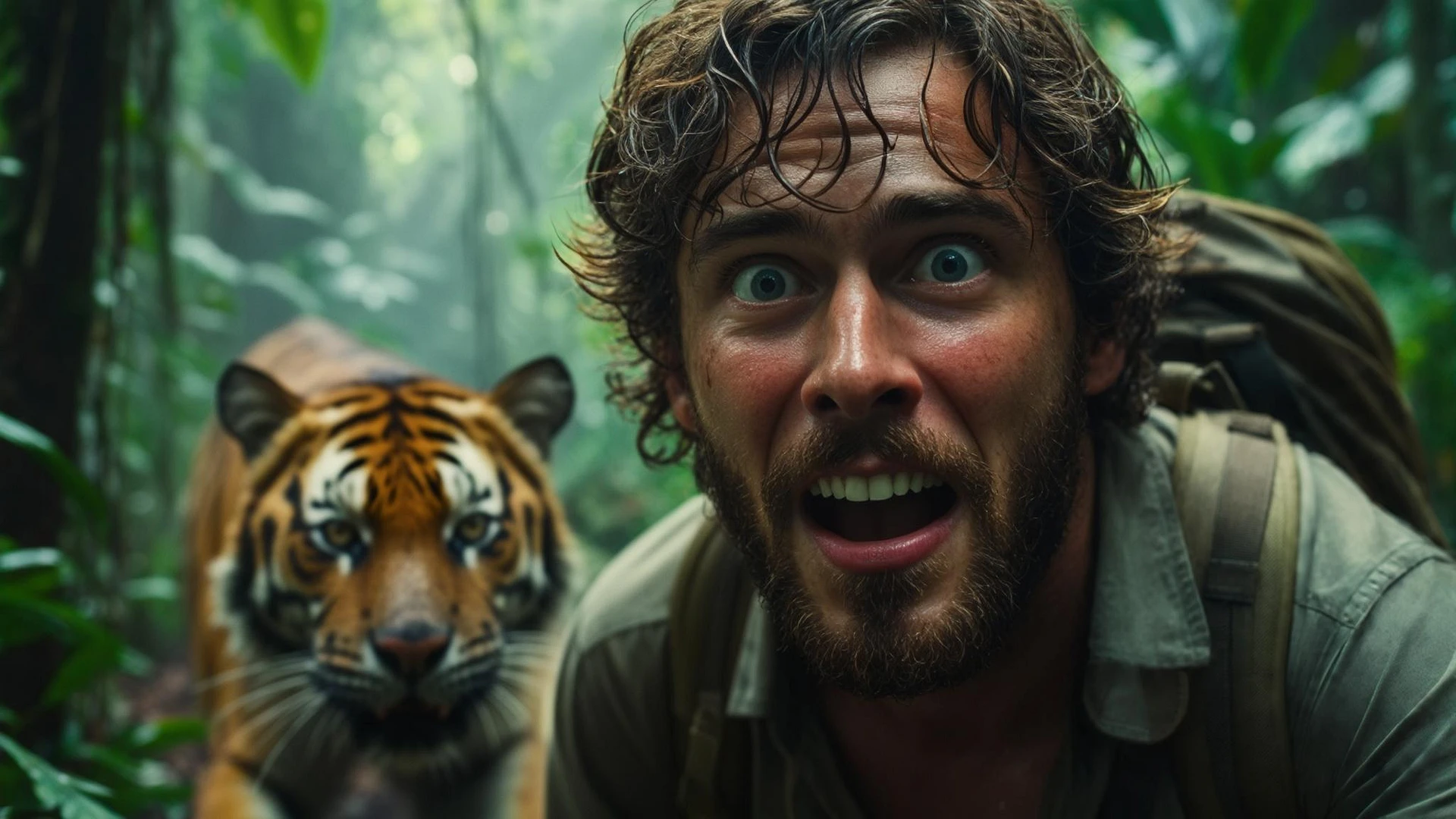 cinematic still, documentary photography, amazon jungle, well lit scene, man is exploring the jungle, close up, front shot, rule of thirds, tiger in background sneaking trying to jump on man emoji