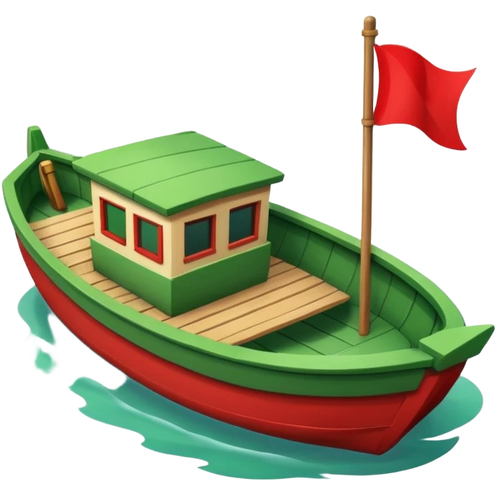 green boat in cartoon having a small place to live and a small red flag on it emoji