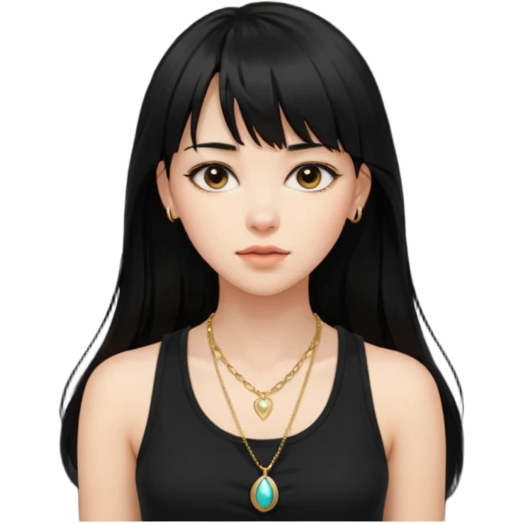 alrighht here’s just the person described for your emoji ai prompt:

> young woman, long black hair with bangs, soft expression, wearing a black tank top and gold necklace, confident pose, natural beauty, warm lighting on face, slightly tousled hair



lmk if u want it more detailed or stylized 🔥
 emoji