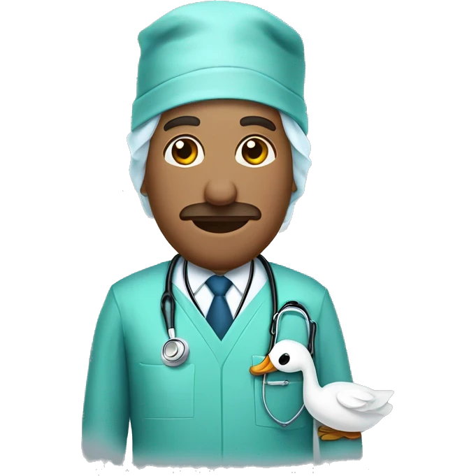 a swan dressed as a surgeon, wearing medical scrubs, a stethoscope around its neck, and a slightly professional emoji