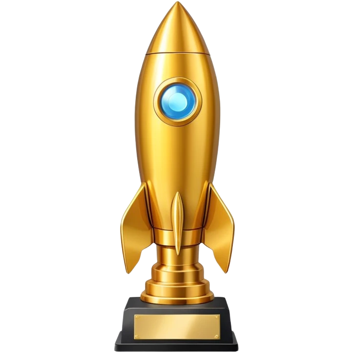 Golden rocket trophy award, shiny gold rocket with a trophy base emoji