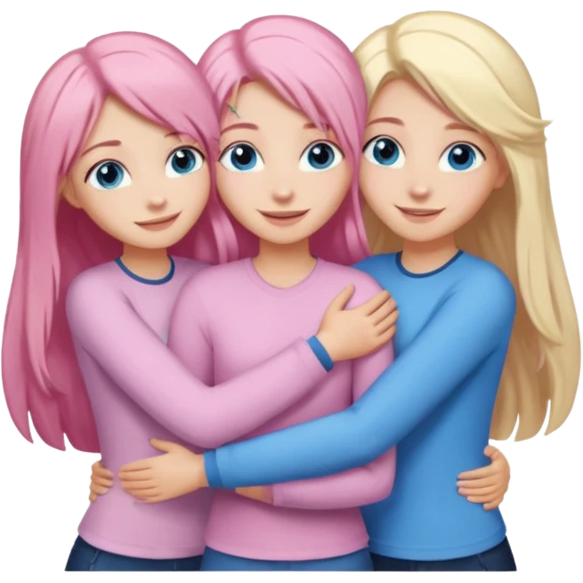 Girlfriend emoji - include 1 white girl with long light pink hair and blue eyes, one white girl with blue eyes and light blonde hair, and 2 white girls with brown eyes and long dark brown hair. They are smiling and hugging emoji