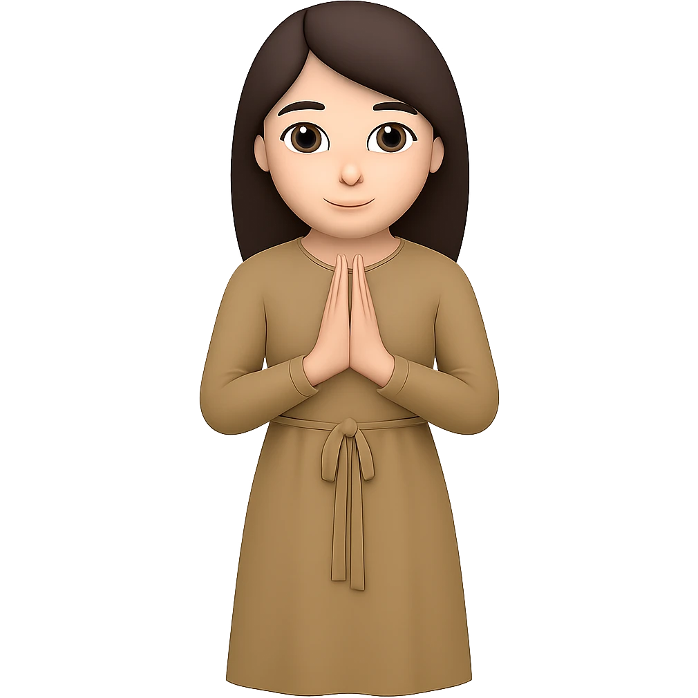 Create a third variation of a woman standing and praying from the front view, wearing a long tan dress, with dark brown hair, in the style of emoji. Remove the background. emoji