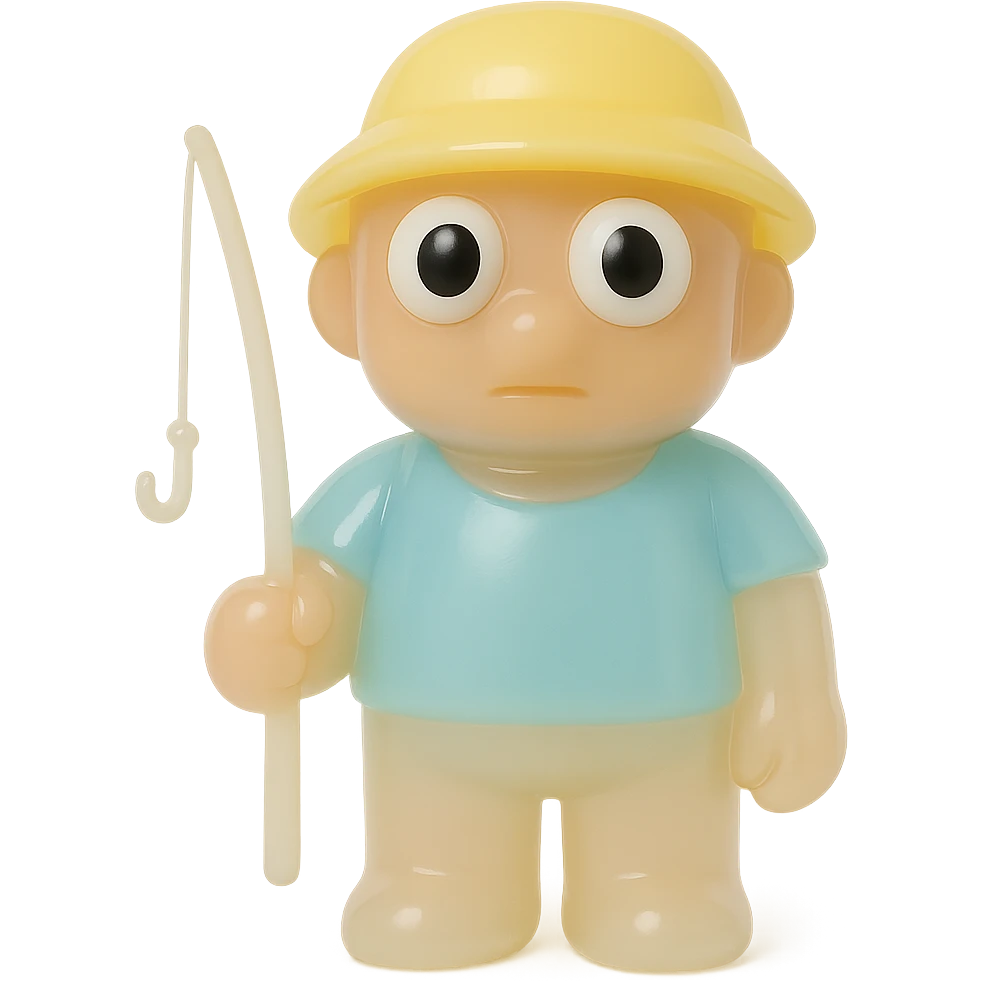 full-body fisherman, retro 90's toy style, very transparent and slightly see-through, natural tan skin, blue shirt, yellow hat, large round derpy eyes like reference turtle, soft plastic texture, soft reflections, soft and squishy, some cloudiness, not shiny, highly detailed, appealing, no tag, no background emoji