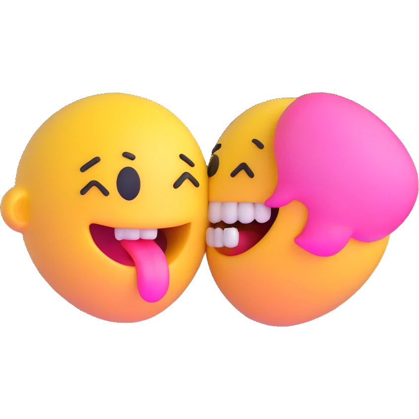 kissing emoji with a yellow bone in its mouth, bone has a pink tip emoji