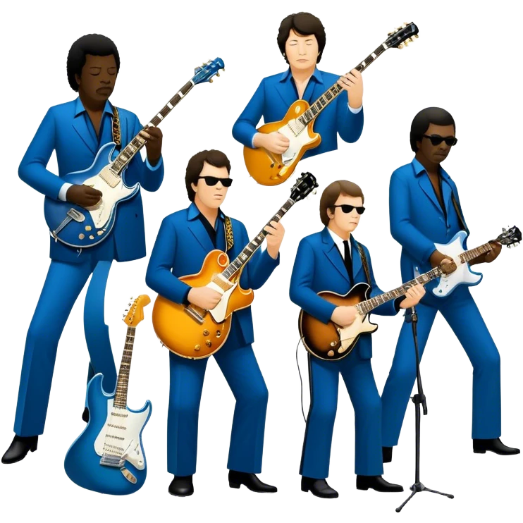 Icon for Blues Music: collage of legendary blues artists. Gary Moore, Eric Clapton, B.B. King and Joe Cocker. Represented by silhouettes or symbolic items like guitars, microphones, or music notes, reflecting the soulful energy of blues music. Transparent background. emoji