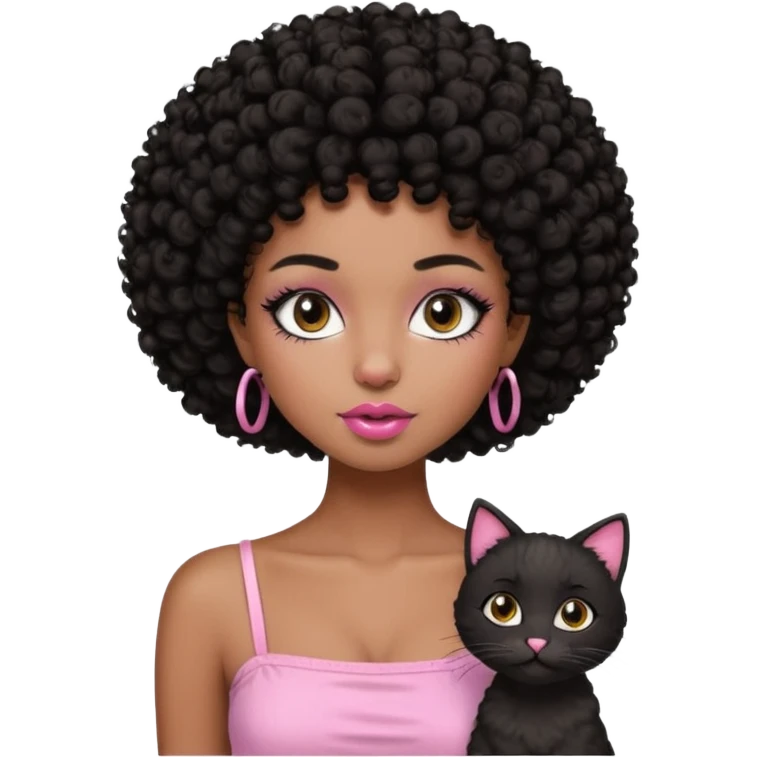Dark brown skin girl with short black curly hair afro styled , she has pretty wispy cat eyelashes and is wearing a light pink tube top with lip gloss  emoji