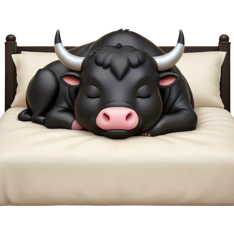Meme-Worthy Cute Sleeping Black Bull Portrait Emoji, Head resting peacefully with a contented smile, showcasing a robust, massive build and a luxuriously soft pure black hide, eyes shut in a serene, restful nap, Simplified yet hilariously adorable features, highly detailed, glowing with a soft, drowsy light, high shine, relaxed and utterly lovable, stylized with an air of playful laziness, bright and heartwarming, soft glowing outline, capturing the essence of a comically sleepy guardian, so meme-worthy it feels like it could instantly become the next viral sensation of adorable slumber! emoji