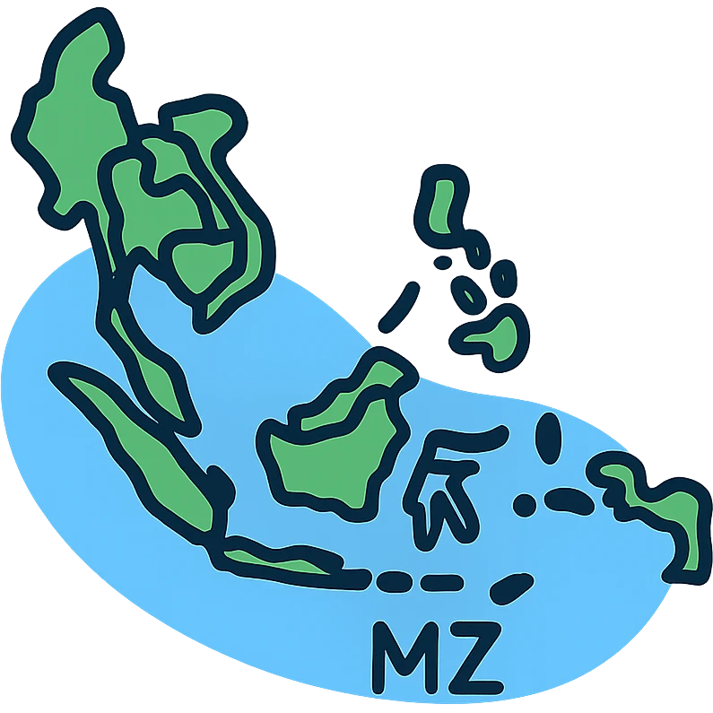 Southeast Asia map zone, minimalist, blue and green, labeled MZ, icon or logo style emoji
