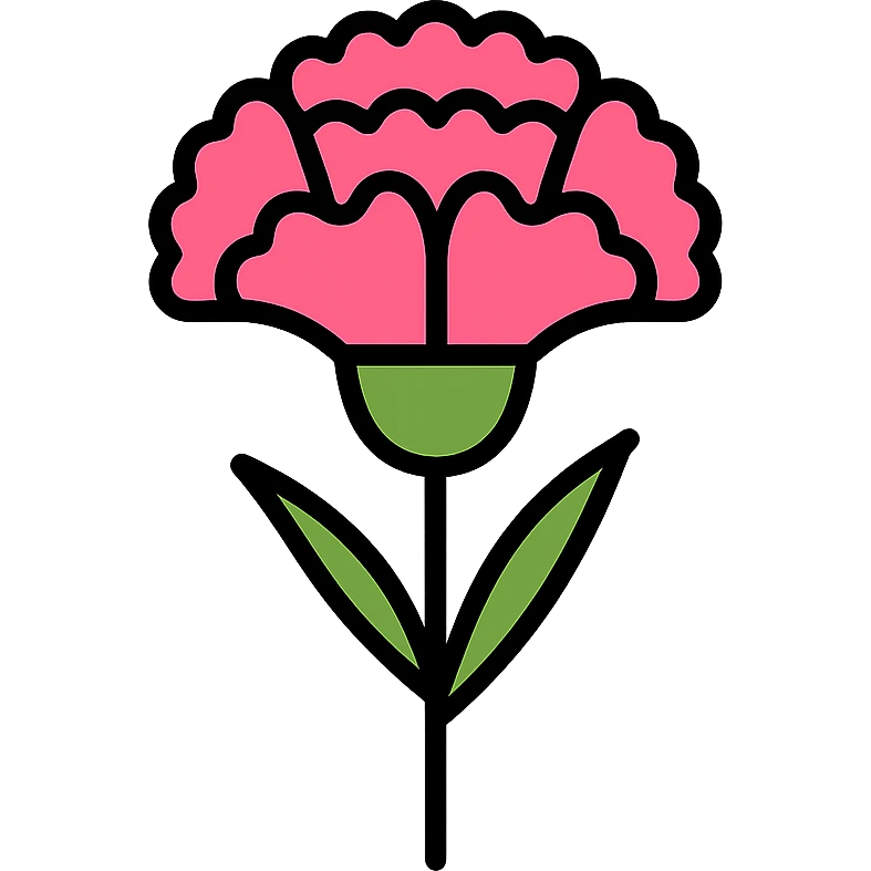 minimalistic icon of a carnation flower, flat design, pink and green, clean lines emoji