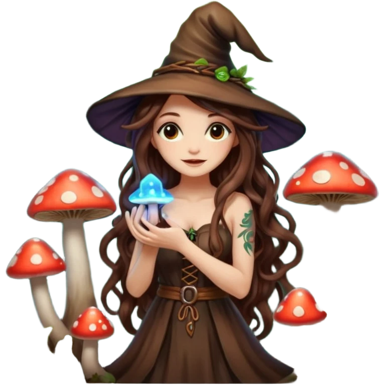 cute forest witch woman long wavy brown hair tattoos hugging glowing mushroom emoji
