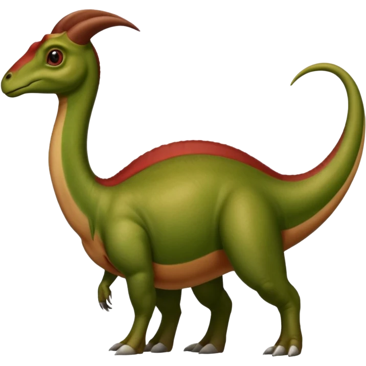 A green parasaurolophus with a dark red crest and a light brown underbelly emoji