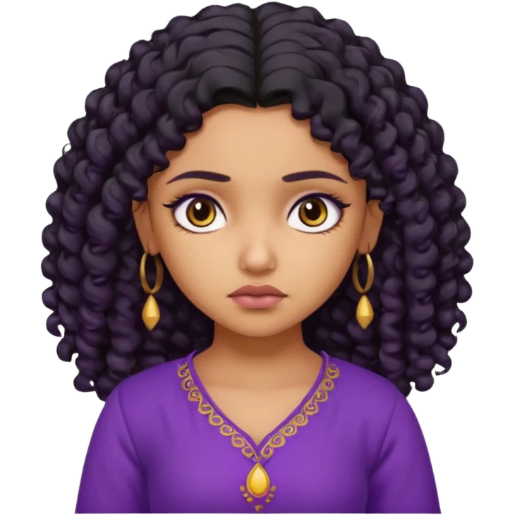 a tan pretty bratz indian girl with curly black hair, looking sad. purple kurti emoji