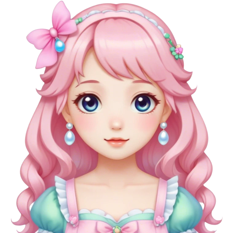 Gorgeous anime style lady with blushing face and accessories cottagecore fairycore Kawaii anime colorful pearly romantic aesthetic trending style emoji