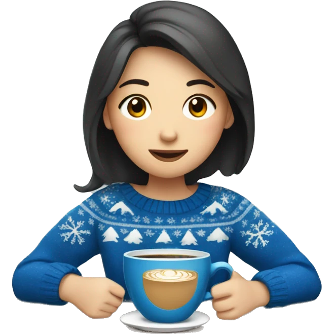 Asian girl drinking coffee wearing blue Christmas sweater emoji