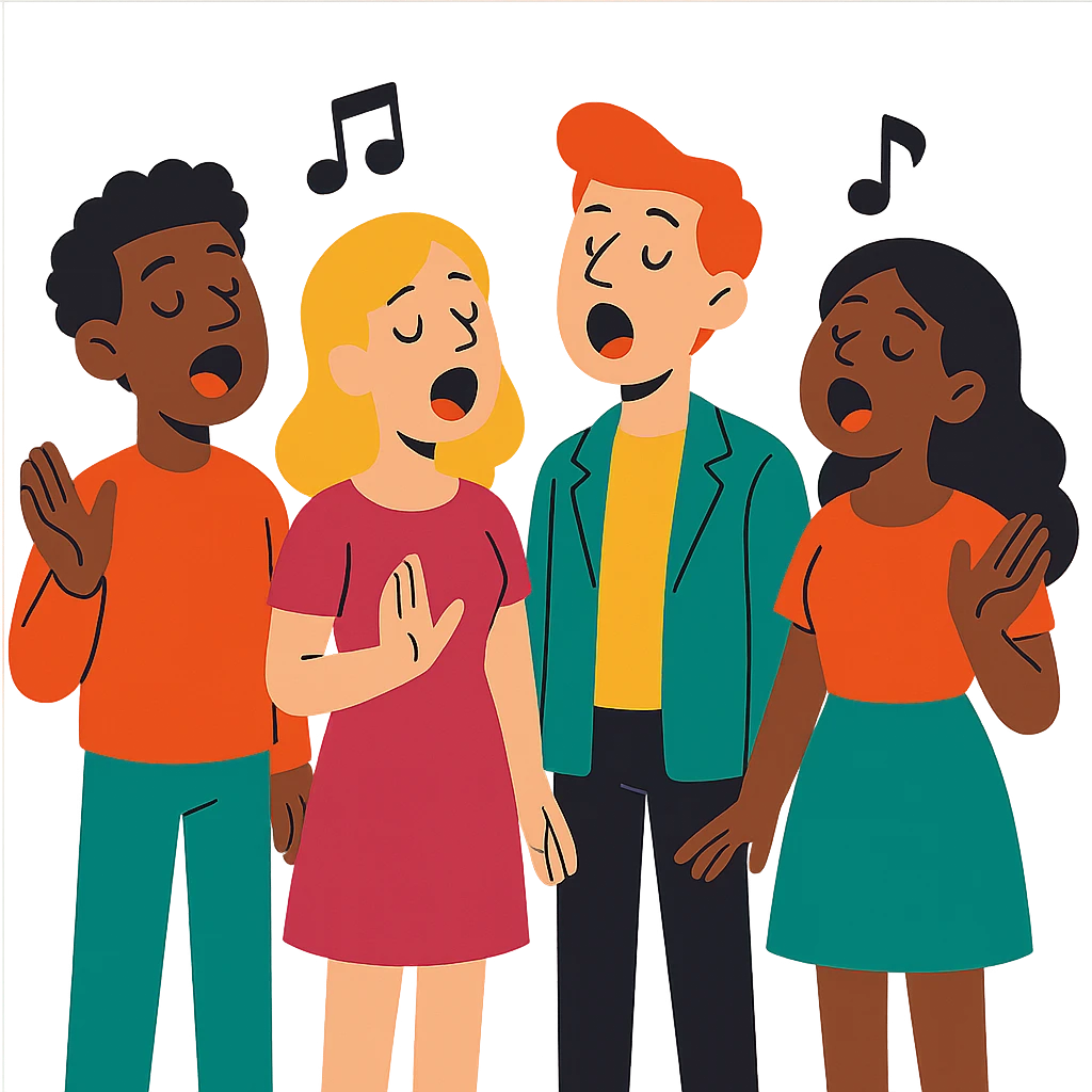 acappella group singing together, cartoon style, vibrant toon style emoji