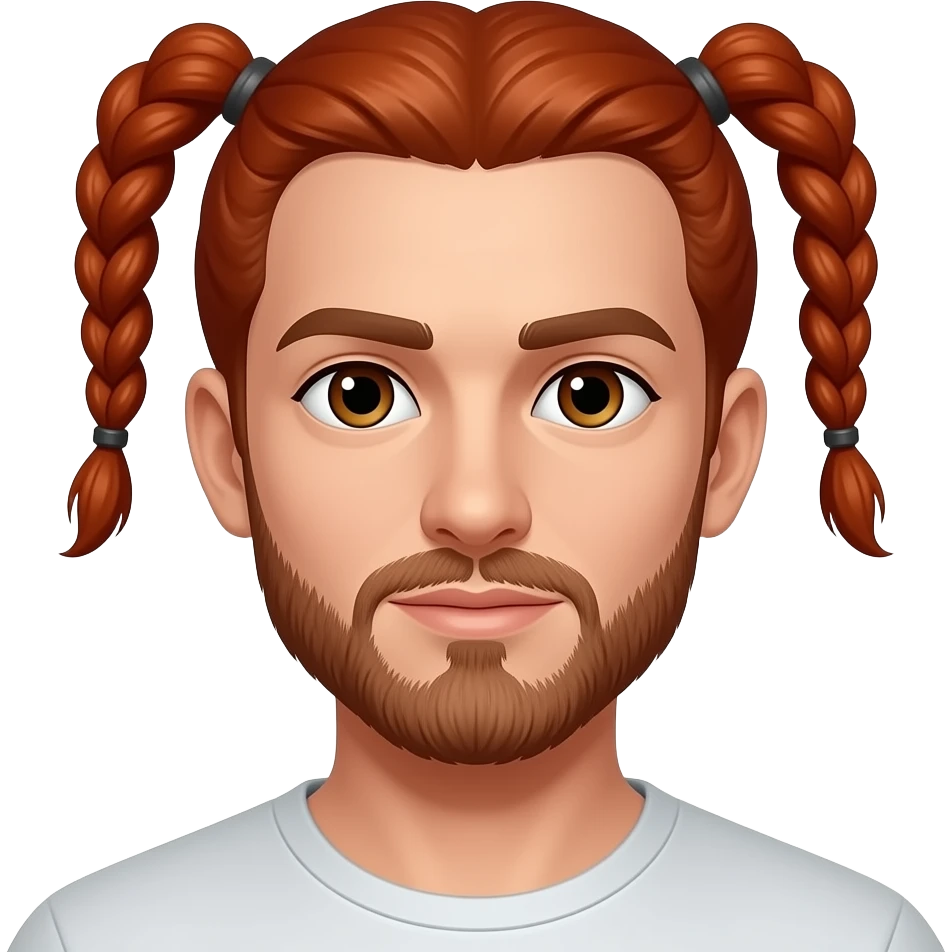 Faz me um homem com 2 tranças vermelhas com elas para traz da cabeça para que n apareça sem barba com olhos castanhos só aparecer as duas faças das tranças emoji