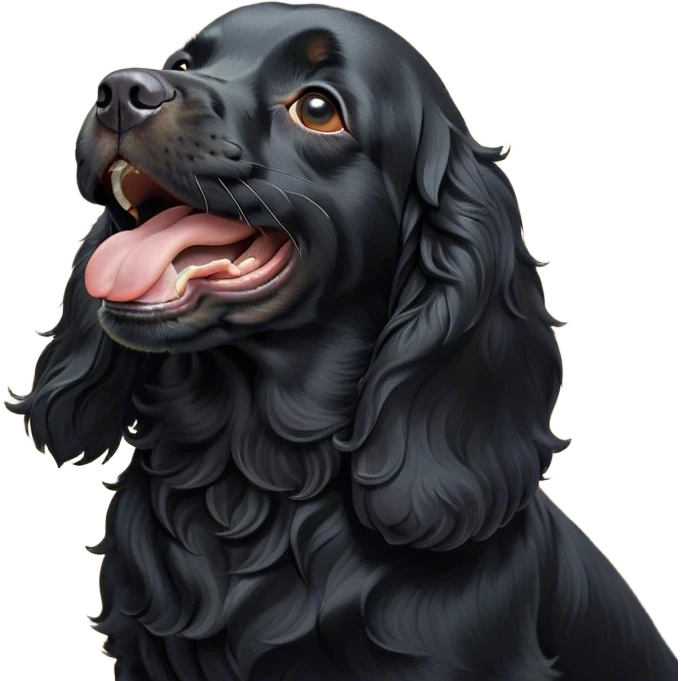 Cinematic Cute Yawning Black Cocker Spaniel Portrait Emoji, Head tilted slightly with a dramatic, wide-open yawn, showcasing a sleek black coat with subtle tan highlights, floppy ears slightly drooping, round dark eyes barely open in drowsy contentment, Simplified yet irresistibly adorable features, highly detailed, glowing with a soft, cozy glow, high shine, relaxed yet expressive, stylized with a touch of whimsy, bright and endearing, soft glowing outline, capturing the essence of a sleepy yet affectionate companion, so drowsy it feels like it could stretch out of the screen and curl up for a nap! emoji
