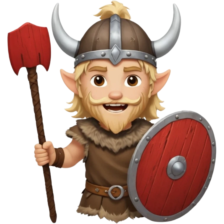 A young Viking warrior with messy hair painted cheeks, wooden shield, and fierce excited grin with horned helmet emoji