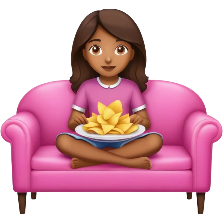 home brown girl with plate of chips, sitting at the pink sofa emoji