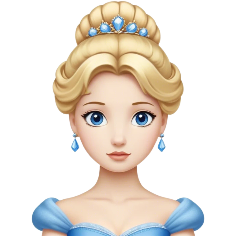 Cinematic Realistic Noble Cinderella Portrait, depicted with porcelain skin rendered in lifelike detail and soft, natural lighting that highlights every delicate nuance. Her intricately styled golden-blonde hair is arranged in an elegant updo, and her deep, expressive blue eyes radiate quiet determination. She wears her classic ball gown with rich fabric textures and delicate folds catching the light beautifully, all set against a subtly glowing, natural background that captures the essence of timeless royal grace. emoji