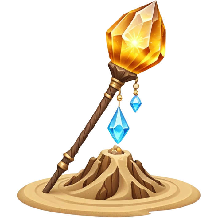 desert sand mage staff object icon, ancient wooden staff, swirling sand crystal on top, glowing golden aura, small floating sand particles, fantasy desert style, 3D cartoon, mobile game icon style, centered, clean background, soft shadow, no text, no watermark
 emoji