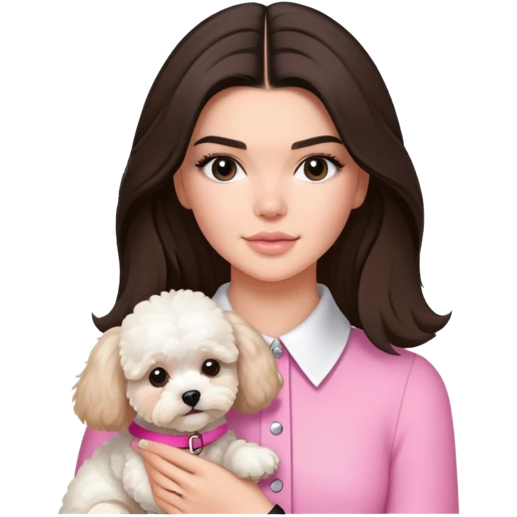 brunette Kendall Jenner with long hair holding on the hands white maltipoo wear on pink collar emoji