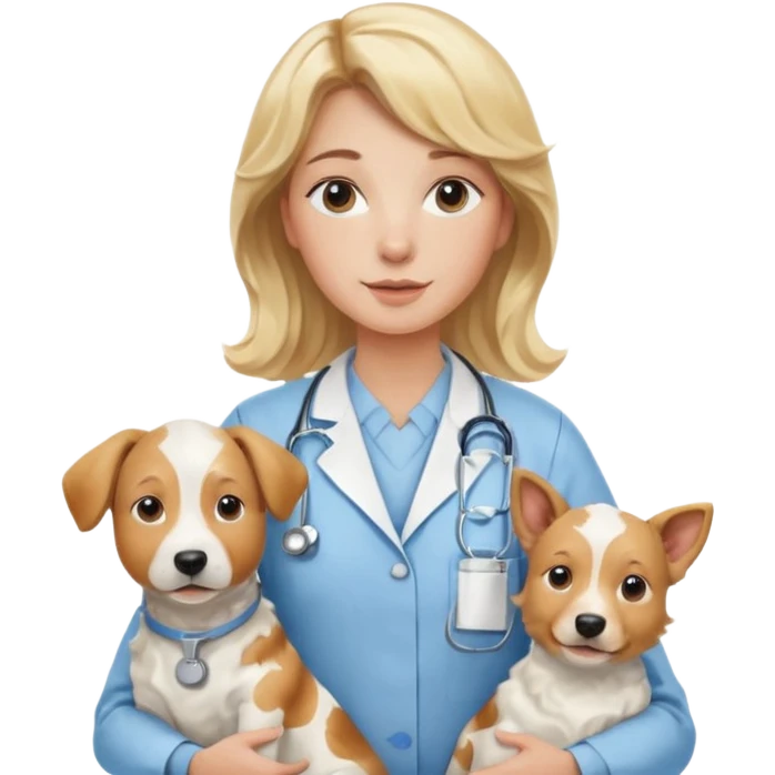 Joven mujer, de cabello bajo los hombros rubio con ondas, veterinaria de perros, vacas y caballos, con traje clínico celeste, sin delantal blanco emoji