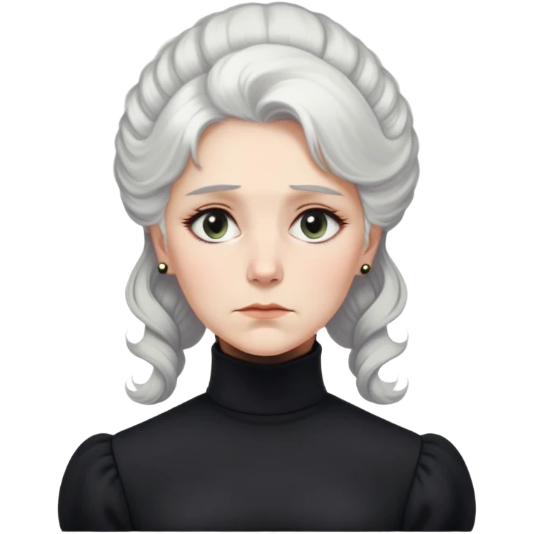 A Victorian woman with elegant coiffed white hair and light eyes wearing a modest unaccessorized black turtleneck mourning dress looking down with a forlorn expression emoji