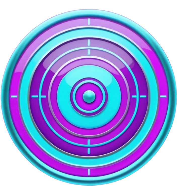 Futuristic glowing bullseye target emoji, neon purple and cyan holographic glow, dark background, digital tech style, abstract sparkles, no face. emoji