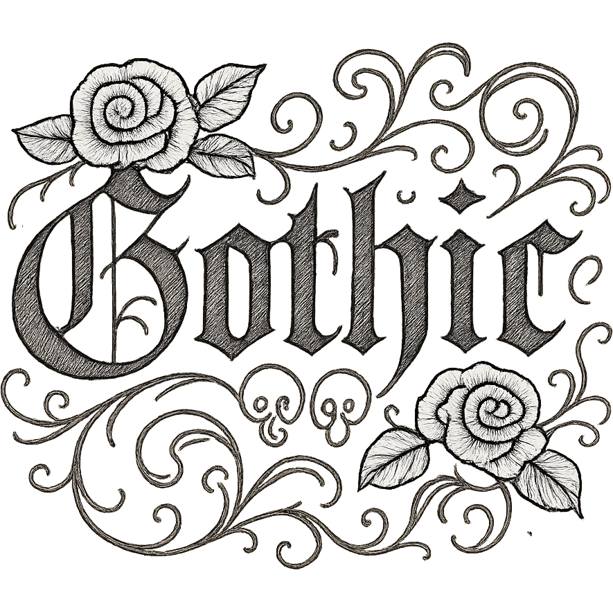 the word 'Gothic' in highly elaborate gothic calligraphy, with ornate flourishes, dark roses, tiny skulls, and baroque filigree emoji