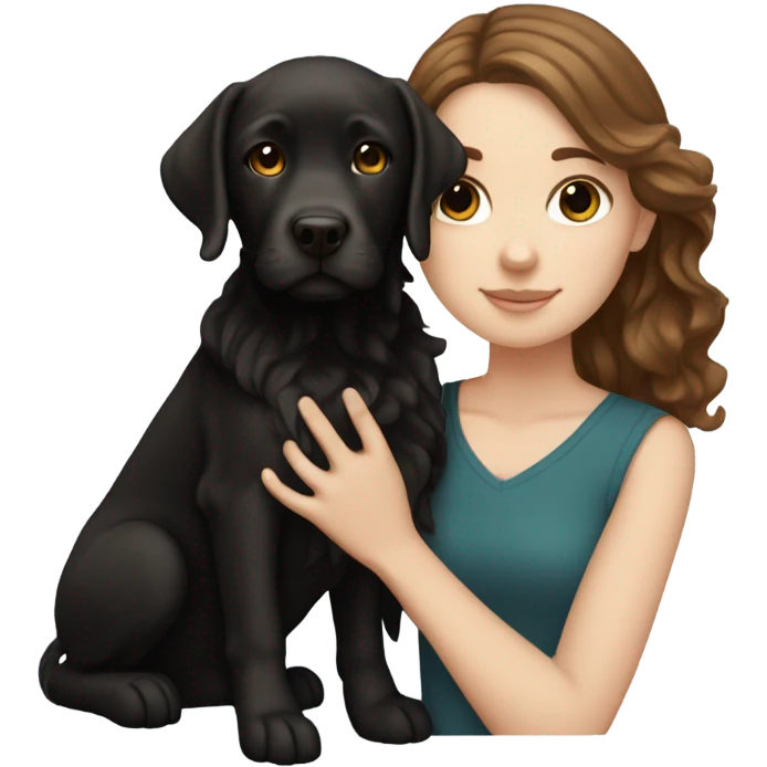 White girl with wavy brown hair holding a black Labrador emoji