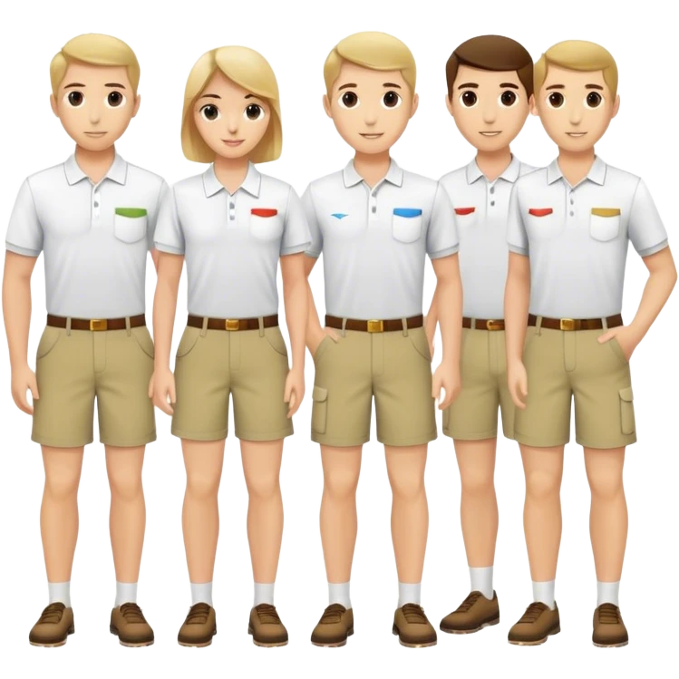 Group of pool attendants. plain white polos, khaki shorts.  emoji