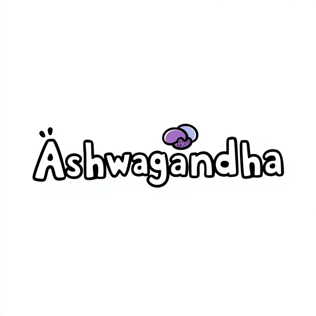 The word "Ashwagandha" hand-drawn in white text with a few purple and blue color accents. Simple doodle style with clean design. emoji