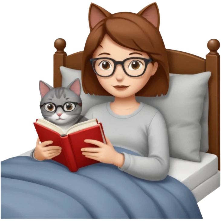A girl is lying in bed. She has short chestnut hair styled neatly, is wearing glasses, and is reading a book. A grey cat is lying on her legs. emoji
