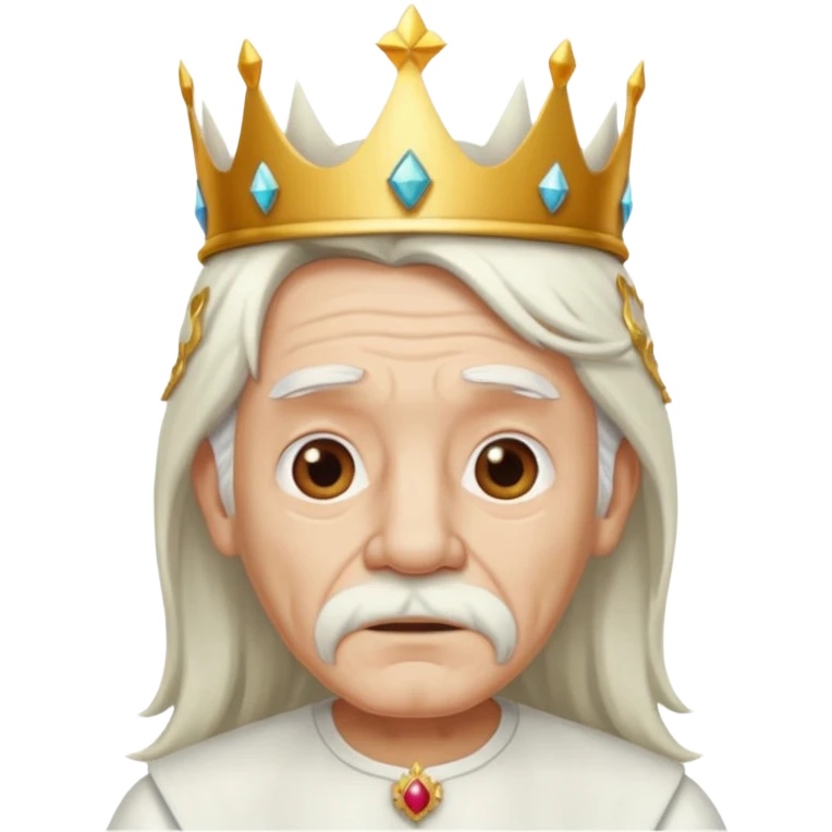 old man with long white hair and no moustache wearing a white shirt and a crown emoji