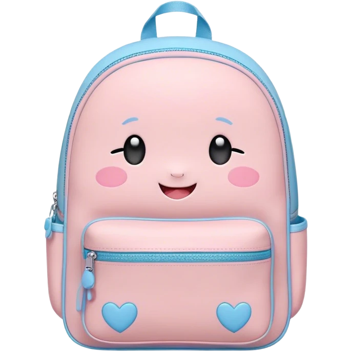 Cute Kawaii Backpack, round and chubby, soft pastel pink and blue, tiny heart-shaped zippers, blushing cheeks, a tiny smiling face, a happy school-time companion! emoji