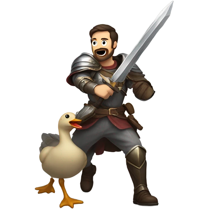 Confident armored White Man with dark brown hair and a short beard pointing forward with one arm holding a sword and yelling a battle charge while riding on the back of a giant duck emoji