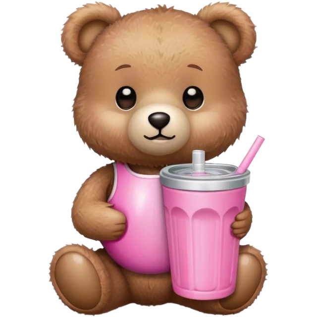 Small, cute brown teddy bear holding a pink Stanley tumbler emoji