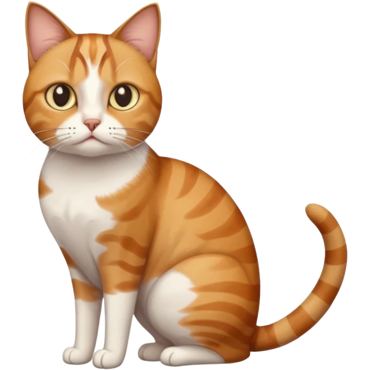full body white, ginger and brown tabby calico cat with skinny head and fat body with an anxious face emoji