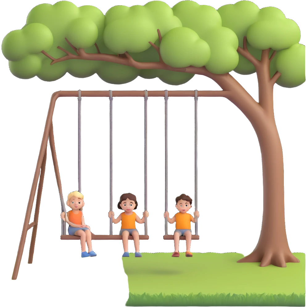A person pushing a swing with a child sitting on it, outdoors, under a tree, in daylight. The swing is moving back and forth. Focus on the motion of swinging and the person gently pushing it emoji
