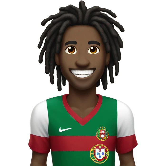  Young black man- 4 inch short black dread locks-  low eyebrows - low eyes - no facial hair laughing Portugal jersey lean crazy smile  emoji