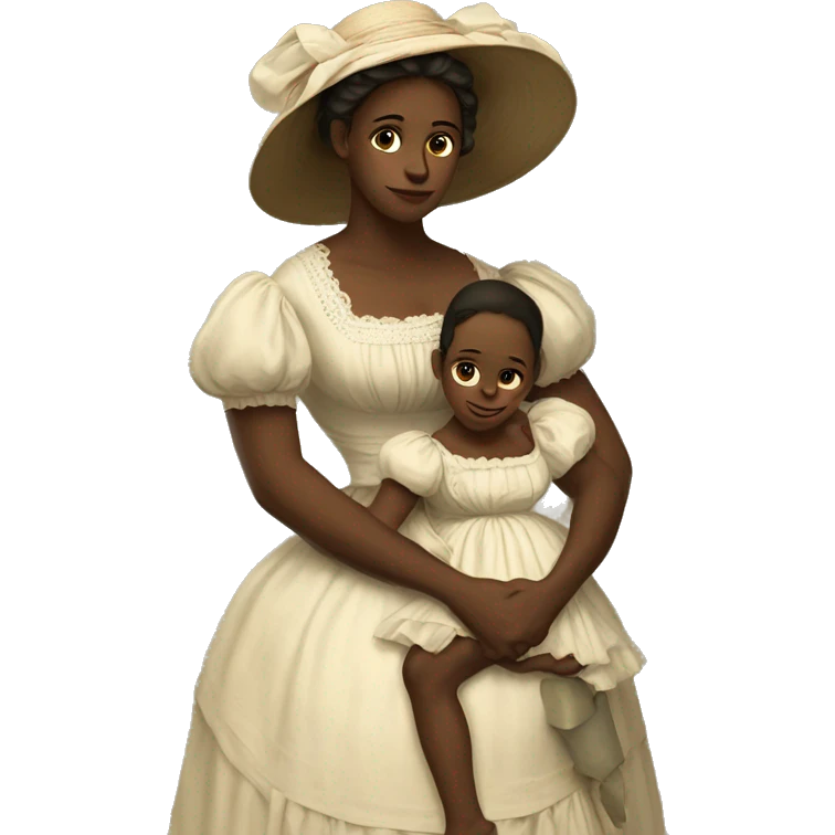 A 19th century woman with a child in her arms. There is a big letter "A" on the dress emoji