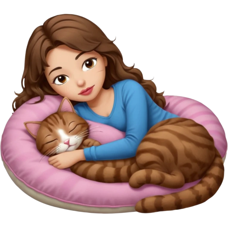 girl with long wavy brown hair, brown eyes, long lashes makeup, sexy pink lips, light to medium complexion,  sleeping on a cozy pillow, with brown tabby cat, sleeping emoji