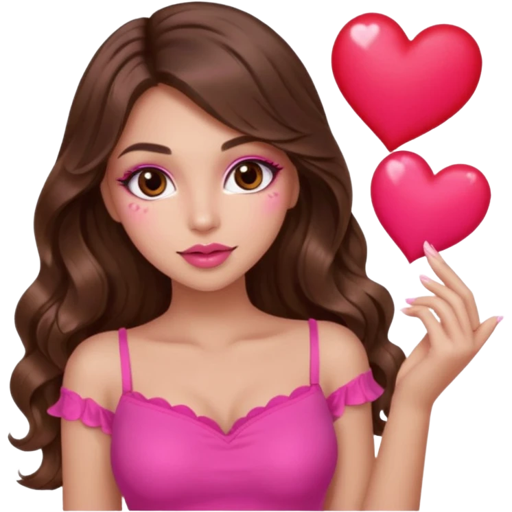 girl with long wavy brown hair, brown eyes, long lashes makeup, sexy pink lips, light to medium complexion, wearing a pink sexy top, many  hearts in hand emoji